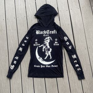 Blackcraft Cult Size XS Black Goat Moon Hooded Long Sleeve T-Shirt Goth Occult
